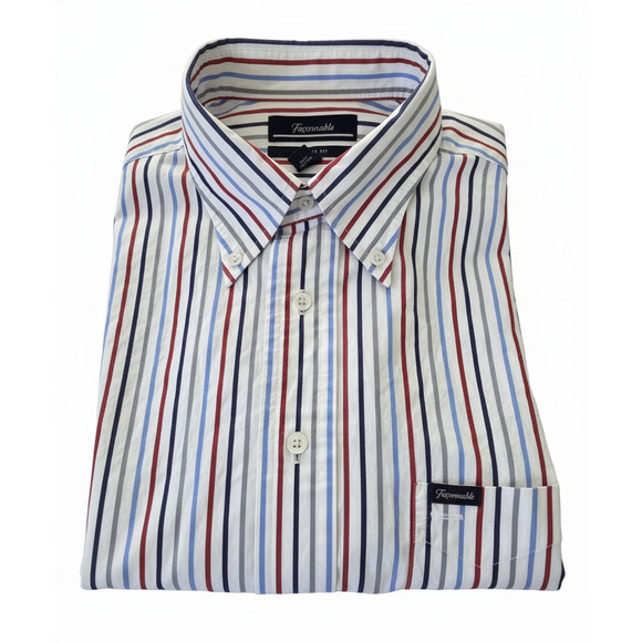 Faconnable Relaxed Fit Shirt Men's L 100% Cotton Red White Blue Stripe - Picture 1 of 7